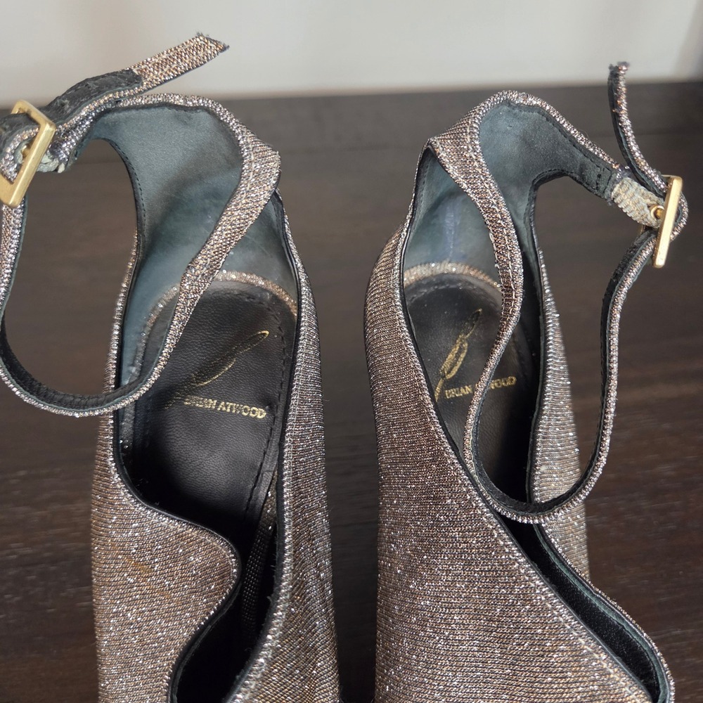 B Brian Atwood Glitter Metallic Stiletto Sandals 10 Peep Toe Evening Heels - Picture 7 of 11